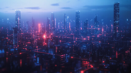 Smart digital Innovation city with connection network reciprocity over the twilight cityscape. of future smart wireless digital city and social media networking systems that connects people with city
