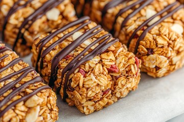 Natural goji berry snack. Granola bars drizzled with chocolate on a light background.