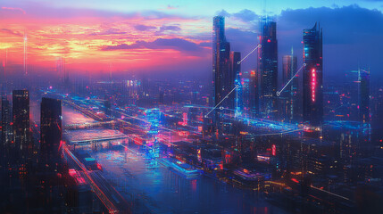 Fototapeta premium Smart digital Innovation city with connection network reciprocity over the twilight cityscape. of future smart wireless digital city and social media networking systems that connects people with city 