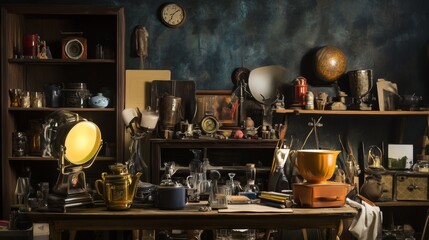 Vintage collectibles displayed in a rustic study with warm light