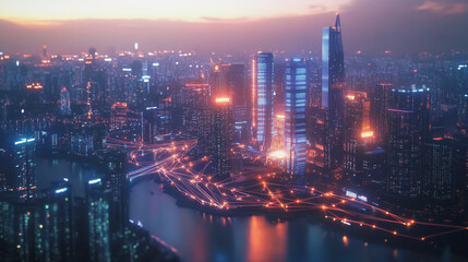 Fototapeta premium Smart digital Innovation city with connection network reciprocity over the twilight cityscape. of future smart wireless digital city and social media networking systems that connects people with city 