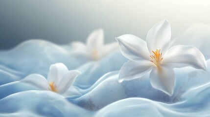 Delicate White Flowers Resting on Soft Blue Fabric