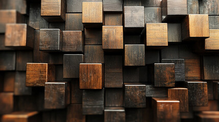 Abstract wooden block and cube composition with earthy, rustic tones.