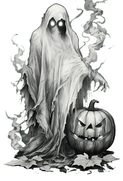 ghost stands beside carved pumpkin clip art preview