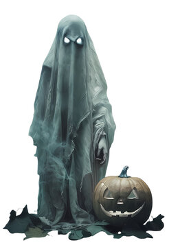 terrificante spettro con lenzuolo e zucca di halloween, Terrifying Ghost with Bed Sheet and Halloween Pumpkin