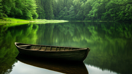 A quiet lake, dark black waters reflecting the surrounding green forest, with a single boat floating peacefully 