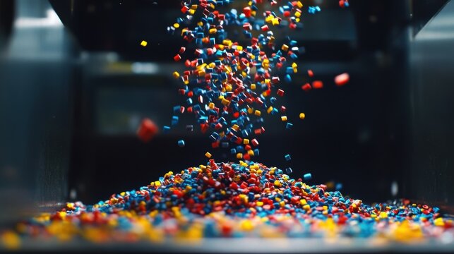 A snapshot of colorful plastic pellets pouring from a hopper into a molding machine illustrating the transformation of recycled plastics into new shapes for manufacturing.