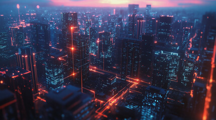 Fototapeta premium Smart digital Innovation city with connection network reciprocity over the twilight cityscape. of future smart wireless digital city and social media networking systems that connects people with city 