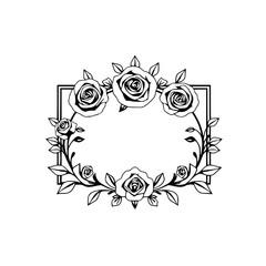 Elegant Black and White Rose Frame: Vintage Floral Border Design for Wedding Invitation, Romantic Decoration, and Classic Illustration