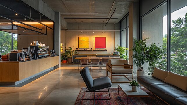 A modern break room with a coffee machine and snack