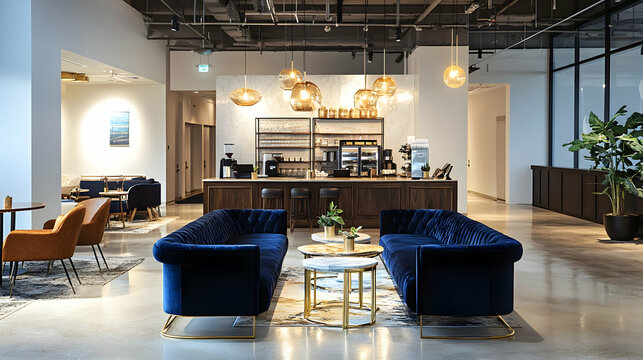 Modern Office Lobby with Blue Velvet Sofas and Elegant Decor