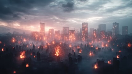 Fototapeta premium A horizon dotted with holographic fires symbolizing hope flickering a highrise graves amidst a swirling fog of uncertainty.