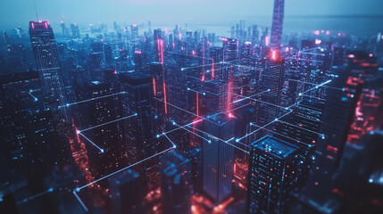 Fototapeta premium Smart digital Innovation city with connection network reciprocity over the twilight cityscape. of future smart wireless digital city and social media networking systems that connects people with city 