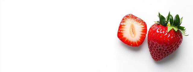 A fresh strawberry, whole and halved, showcasing its vibrant color and texture.
