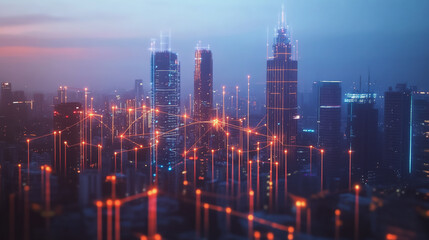 Fototapeta premium Smart digital Innovation city with connection network reciprocity over the twilight cityscape. of future smart wireless digital city and social media networking systems that connects people with city 