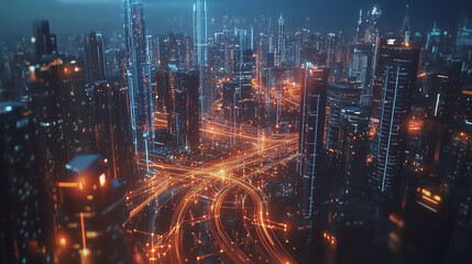 Fototapeta premium Smart digital Innovation city with connection network reciprocity over the twilight cityscape. of future smart wireless digital city and social media networking systems that connects people with city 