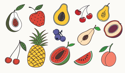 set of fruits Hand drawn colorful fruits  abstract minimal style. Natural tropical fruits.