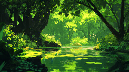 Obraz premium A quiet, black river winding through a bright green jungle, where the reflections of the trees and plants shimmer on the water's surface 