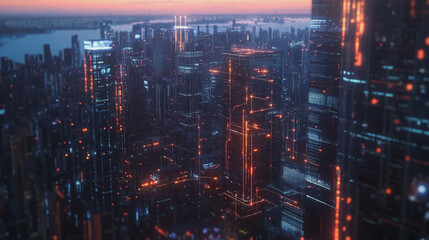 Fototapeta premium Smart digital Innovation city with connection network reciprocity over the twilight cityscape. of future smart wireless digital city and social media networking systems that connects people with city 