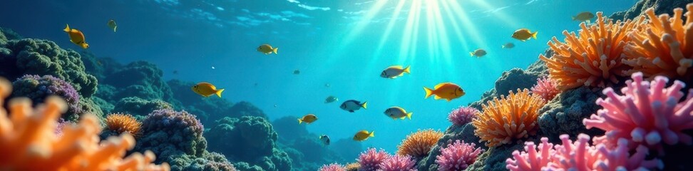 Fototapeta premium Sun-drenched, clear water reveals vibrant coral Fish swim amongst the colorful reef , tropical sea, underwater photography