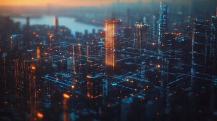 Fototapeta premium Smart digital Innovation city with connection network reciprocity over the twilight cityscape. of future smart wireless digital city and social media networking systems that connects people with city 