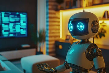 A humanoid robot watching a digital screen in a futuristic home filled with technology.