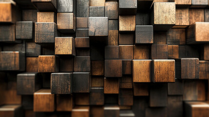 Abstract wooden block and cube composition with earthy, rustic tones.