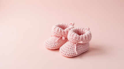 Baby pink knitted booties on pink pastel background