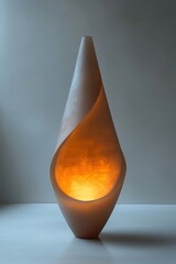 Illuminated alabaster sculpture; swirling, warm light.