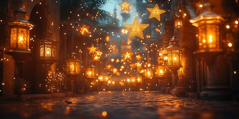 Enchanted Street with Glowing Star-Shaped Lights and a Festive Atmosphere

