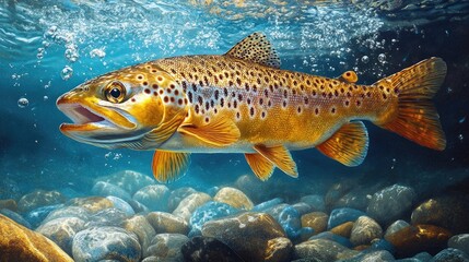 Naklejka premium A brown trout swimming underwater, surrounded by clear blue water with bubbles rising to the surface.