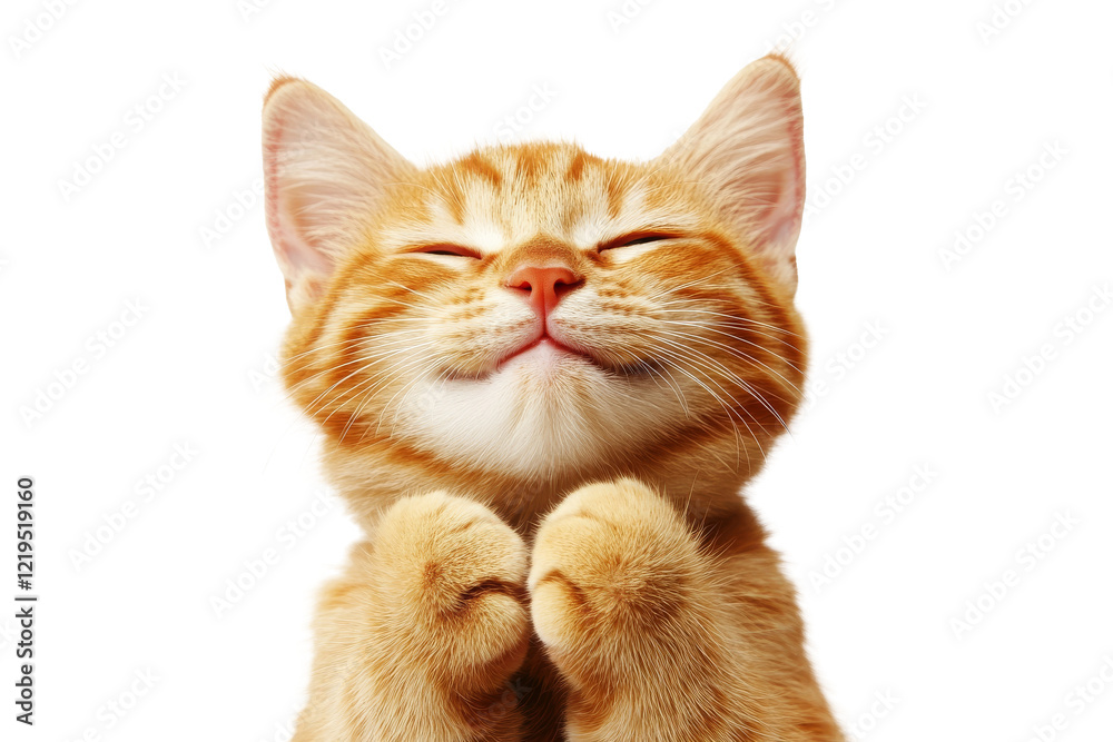 Poster adorable ginger little cat with closed eyes and paws raised in joyful pose isolated on transparent b