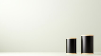 Fototapeta premium Abstract Minimalist Cylinders on Pedestals - Two black cylinders on light wooden pedestals against a minimalist background. Symbolizing balance, simplicity, elegance, contrast, and potential.