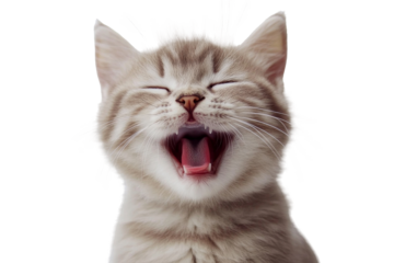 Adorable little cat yawning with playful expression isolated on transparent background.