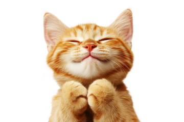 Adorable ginger little cat with closed eyes and paws raised in joyful pose isolated on transparent background.