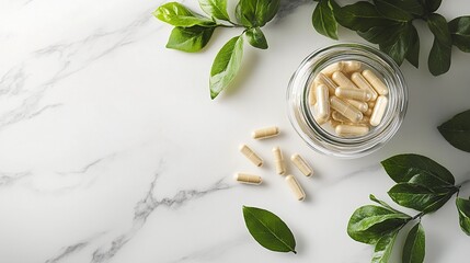ashwagandha capsules spilling out of a glass jar on a marble countertop with fresh green leaves