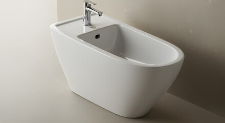 Fototapeta premium A modern image of a sleek, white bidet positioned in a minimalist bathroom setting.