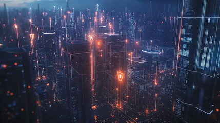Obraz premium Smart digital Innovation city with connection network reciprocity over the twilight cityscape. of future smart wireless digital city and social media networking systems that connects people with city 