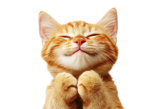 Adorable ginger little cat with closed eyes and paws raised in joyful pose isolated on transparent background. - Powered by Adobe