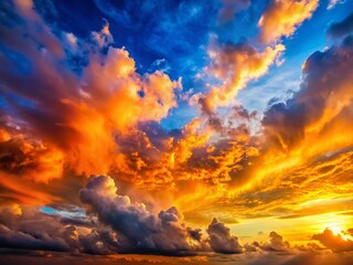 Sunset Sky: Soft Orange Fluffy Clouds Over Blue Heaven - Scenic Nature Background