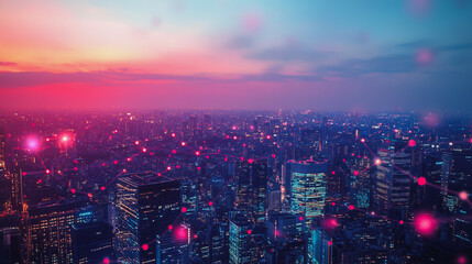 Smart digital Innovation city with connection network reciprocity over the twilight cityscape. of future smart wireless digital city and social media networking systems that connects people with city
