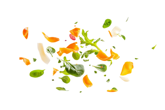 Vegetable mix with spinach and carrot floating in the air isolated on transparent background