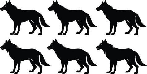 Six Black Wolf Silhouettes Side Profiles, Animal Pack, Canine Design