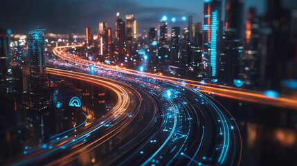 Obraz premium Smart digital Innovation city with connection network reciprocity over the twilight cityscape. of future smart wireless digital city and social media networking systems that connects people with city 