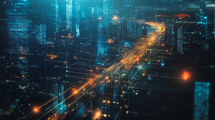 Smart digital Innovation city with connection network reciprocity over the twilight cityscape. of future smart wireless digital city and social media networking systems that connects people with city
