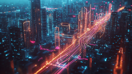 Obraz premium Smart digital Innovation city with connection network reciprocity over the twilight cityscape. of future smart wireless digital city and social media networking systems that connects people with city 