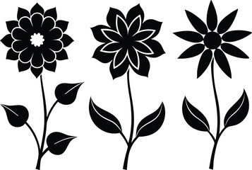 Three Stylized Black and White Flower Illustrations with Leaves