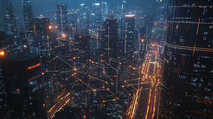 Smart digital Innovation city with connection network reciprocity over the twilight cityscape. of future smart wireless digital city and social media networking systems that connects people with city
