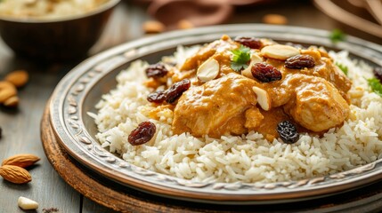 Image of rice and chicken korma with almonds and raisins on a decorative platter, emphasizing rich and aromatic flavors. Ideal for Indian cuisine and special occasions.