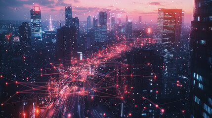 Fototapeta premium Smart digital Innovation city with connection network reciprocity over the twilight cityscape. of future smart wireless digital city and social media networking systems that connects people with city 